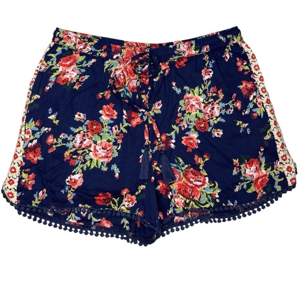Blue Rain Floral Navy Shorts with Pom Pom Trim Summer Resort Size Small